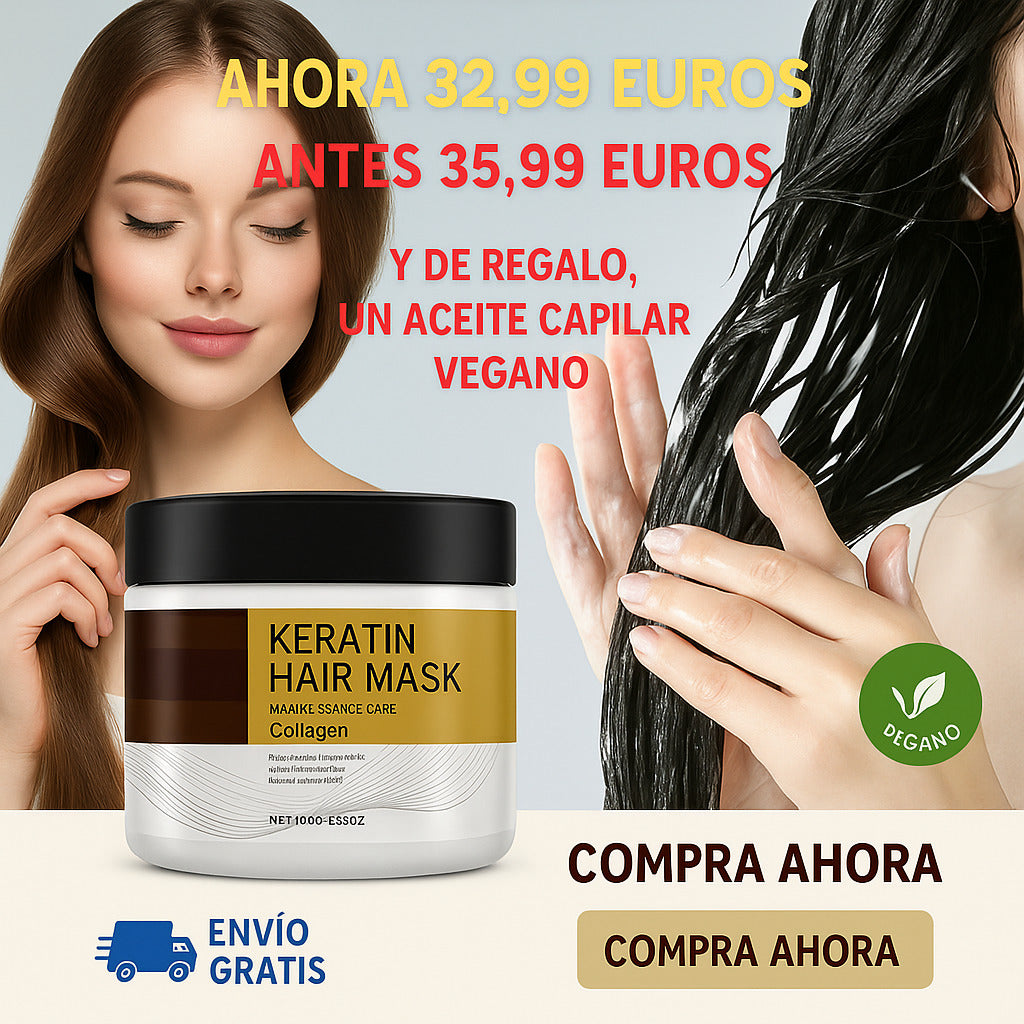 PACK OFERTA:  ¡MASCARILLA CAPILAR CON KERATINA Y COLÁGENO; SUPER HIDRATANTE Y BRILLO INTENSO! ✨ Y DE REGALO UN ACEITE CAPILAR VEGANO.