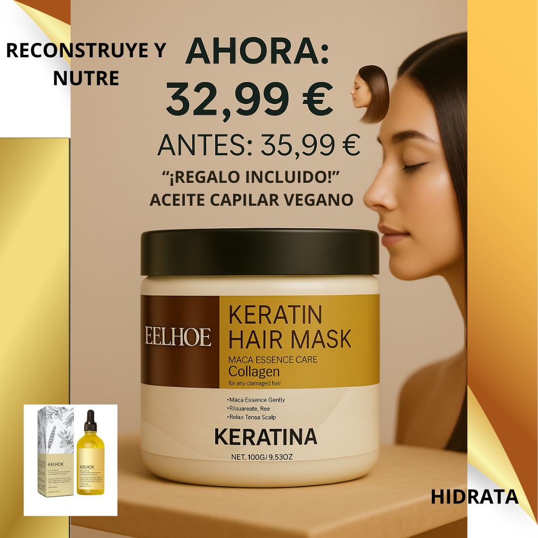 PACK OFERTA:  ¡MASCARILLA CAPILAR CON KERATINA Y COLÁGENO; SUPER HIDRATANTE Y BRILLO INTENSO! ✨ Y DE REGALO UN ACEITE CAPILAR VEGANO.